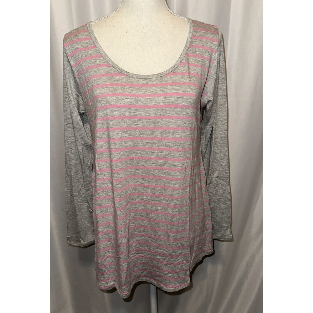 Lularoe Top Size M Pullover H-low Round Neck Long Sleeve Striped Gray Pink